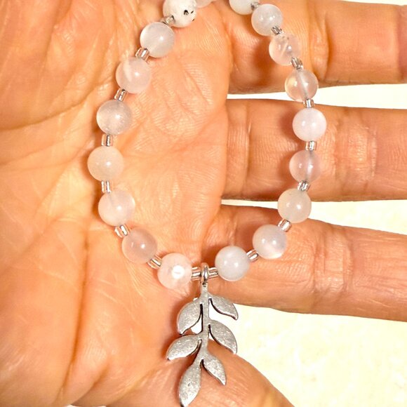 White Moonstone Silver Leaf Branch Necklace, Genuine Gemstone Beaded Choker - Picture 13 of 13